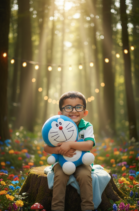Child holding a blue plush toy in a forest with sunlight filtering through the trees.