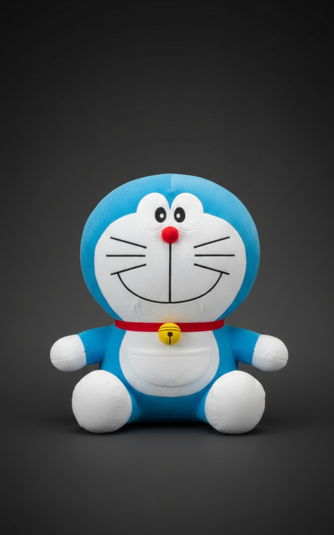 Blue and white plush toy with a red bow tie on a dark background