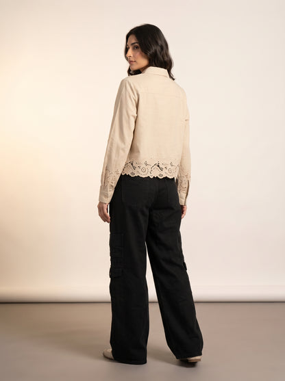 Beige Lace-Trimmed Cropped Shirt