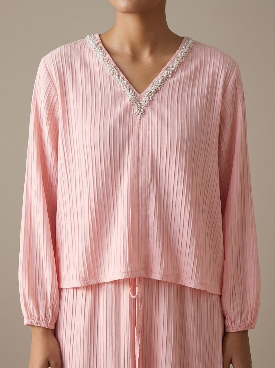 Embellished Neckline Crinkle Textured Co-Ord Set