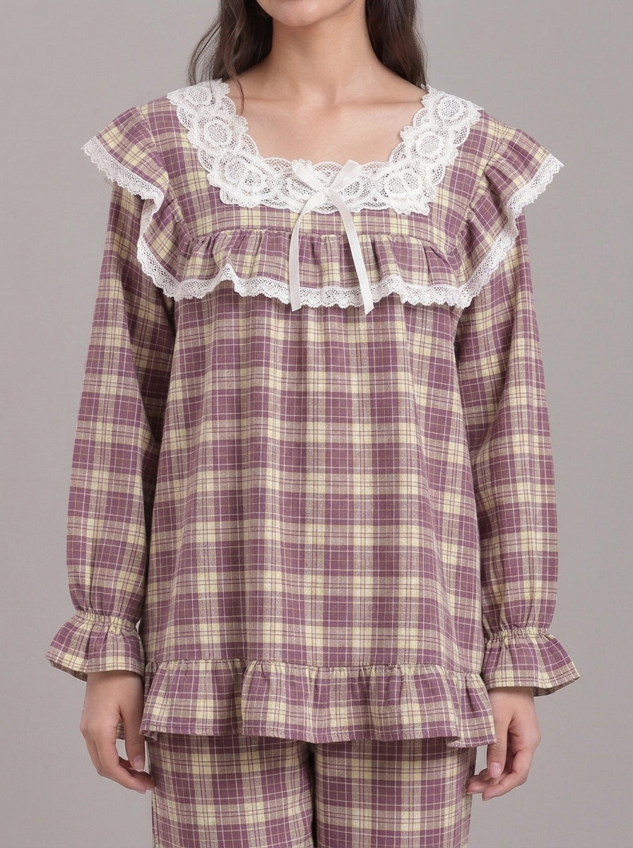 Lace-Trimmed Plaid Lounge Set