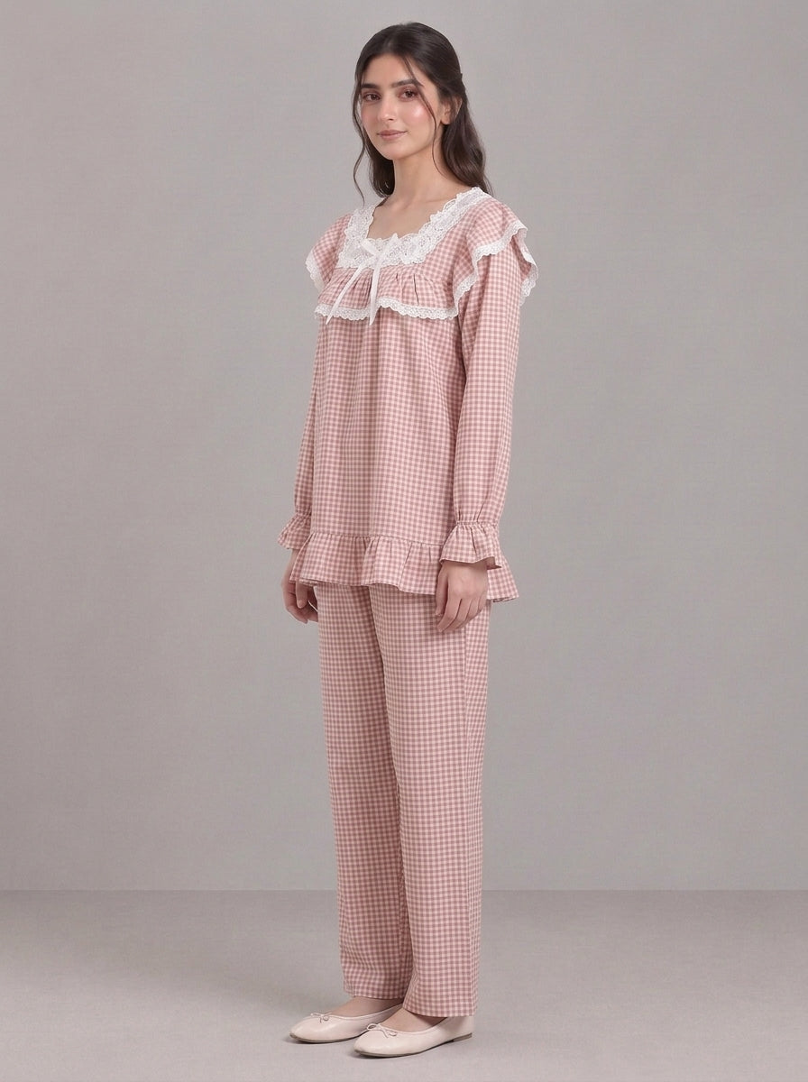 Lace-Trimmed Plaid Lounge Set
