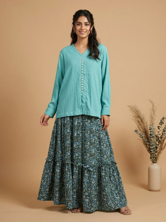 Textured Blouse & Ditsy Floral 2-Piece Co-ord Set