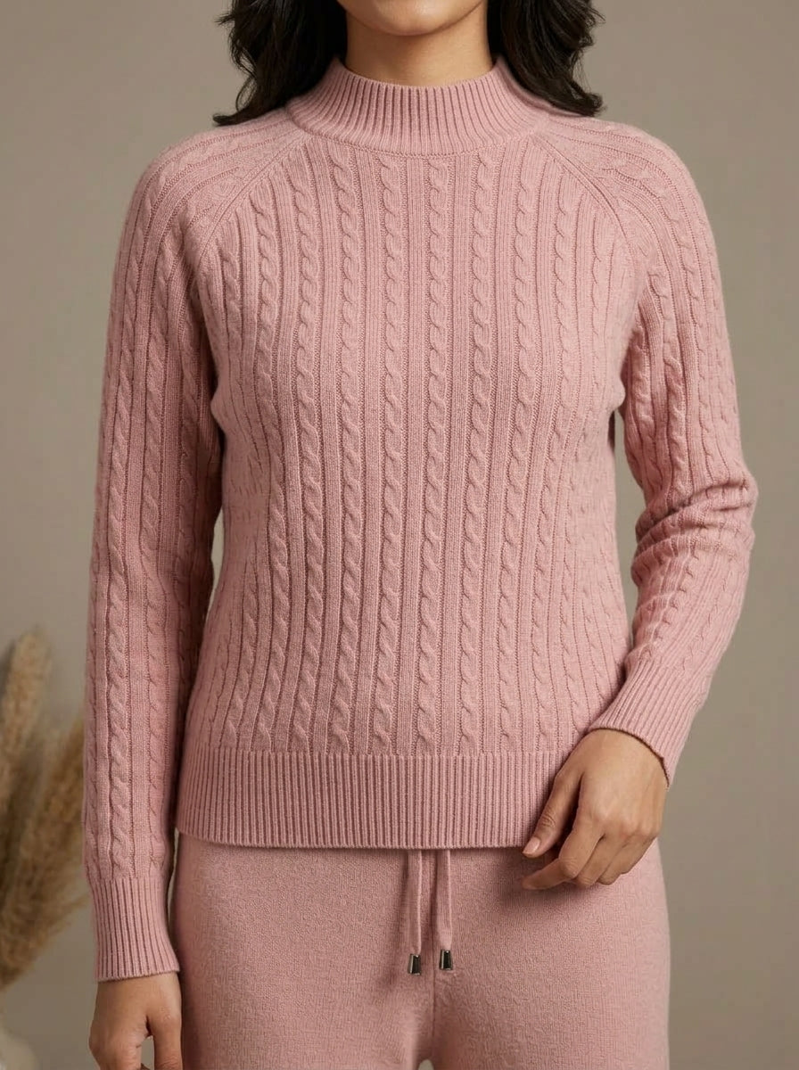 Cable-Knit Mock Neck Sweater & Drawstring Wide-Leg Trouser 2-Piece Co-ord Set