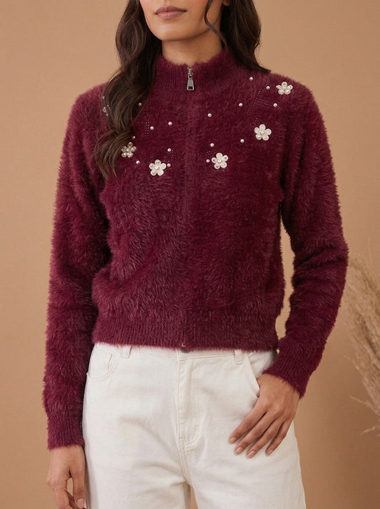 Pearl & Floral Embellished Fuzzy Knit Zip-Up Sweater