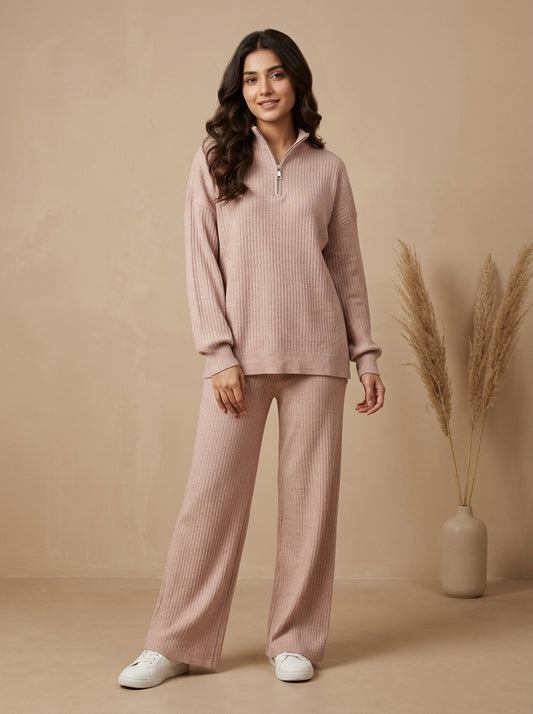 Ribbed Knit Half-Zip Pullover with Trousers