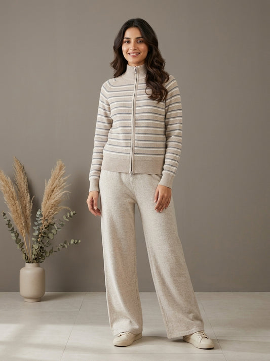Striped Zip-Front Knit Cardigan with Trousers