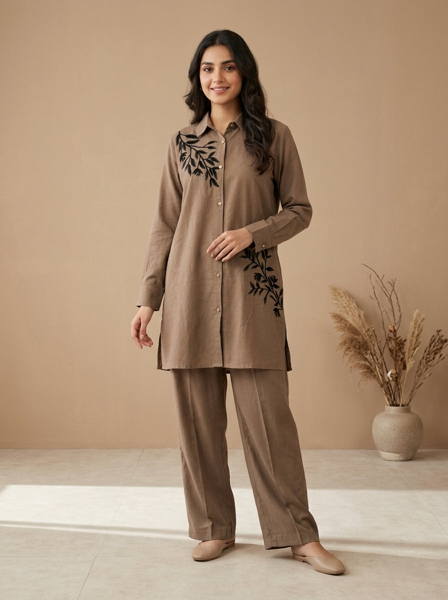 Floral Embroidered Button-Front Shirt with Trousers
