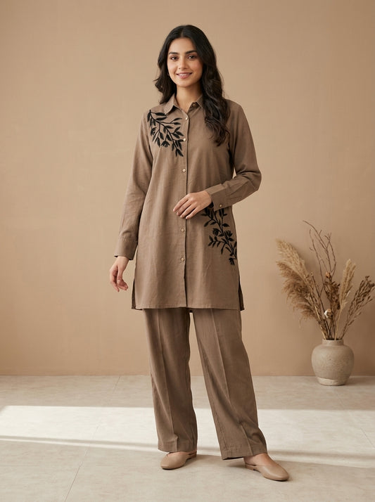 Floral Embroidered Button-Front Shirt with Trousers