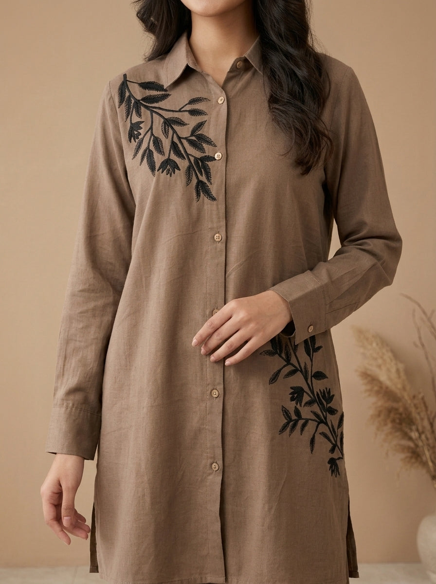 Floral Embroidered Button-Front Shirt with Trousers