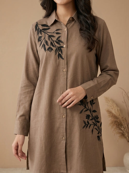 Floral Embroidered Button-Front Shirt with Trousers