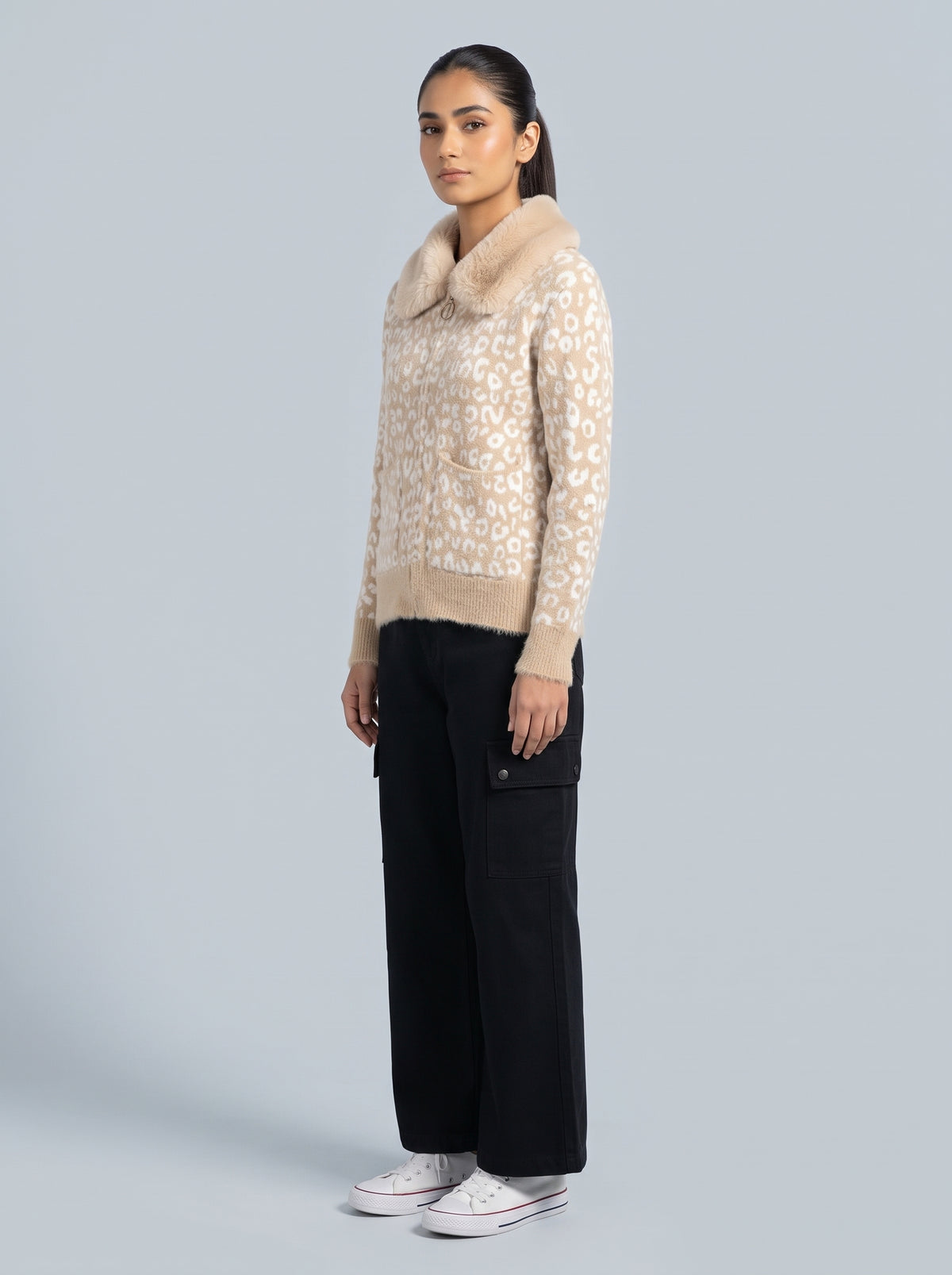 Faux Fur Collar Leopard Knit Zip Sweater