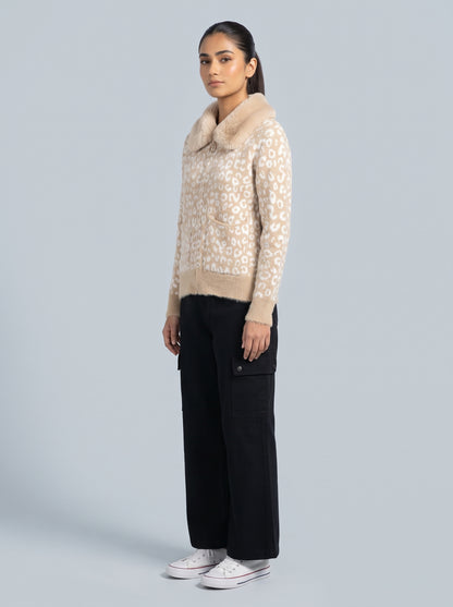 Faux Fur Collar Leopard Knit Zip Sweater
