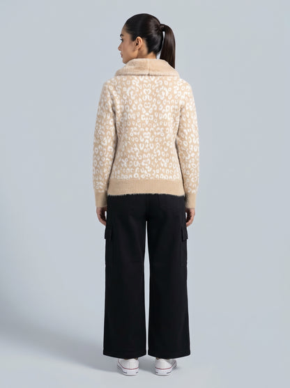 Faux Fur Collar Leopard Knit Zip Sweater