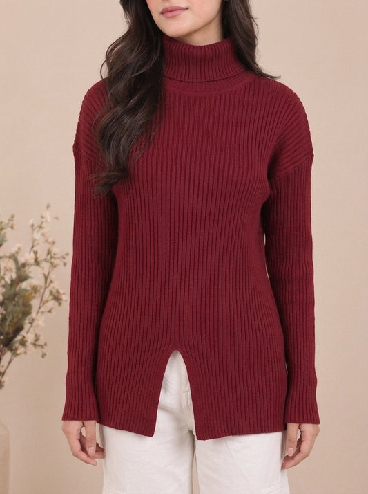 Ribbed Turtleneck Knit Sweater with Front Slit