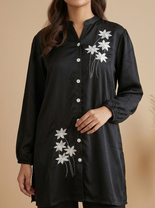 Floral Embroidered Button-Front Shirt with Trousers