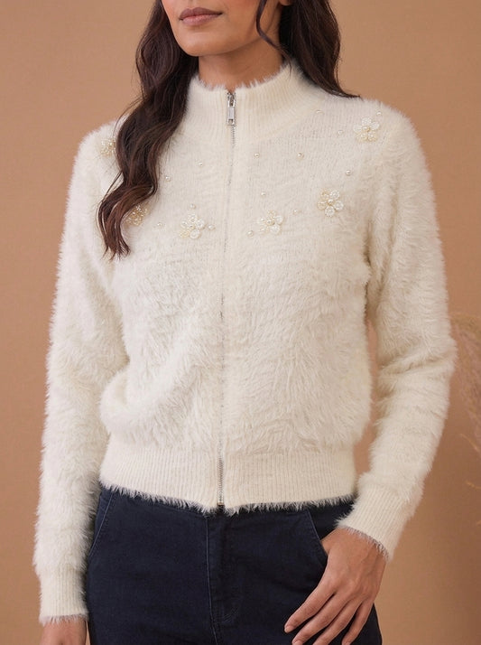 Pearl & Floral Embellished Fuzzy Knit Zip-Up Sweater