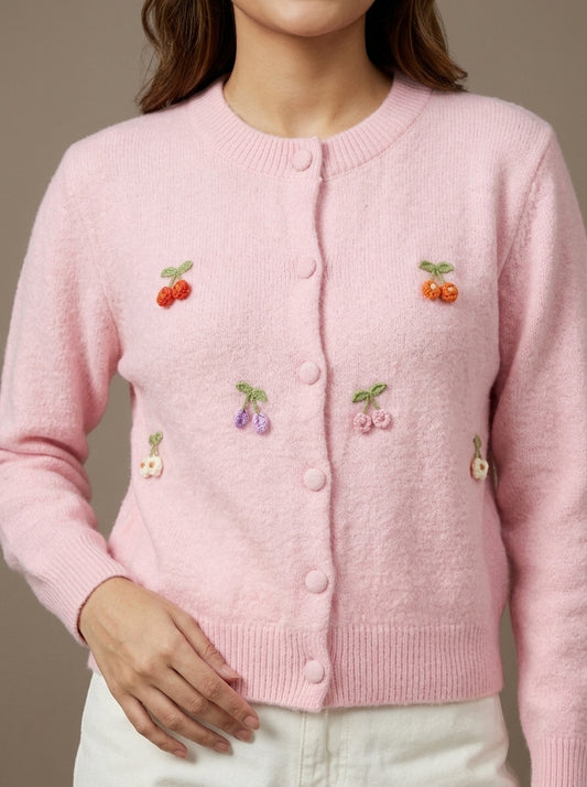 Cherry Embellished Plush Knit Cardigan