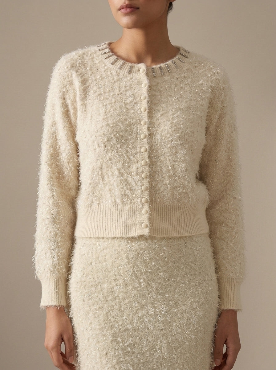 Embellished Feather-Effect Cardigan with Matching Bottom Wear