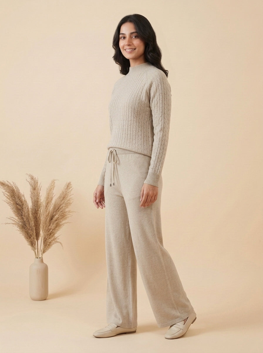 Cable-Knit Mock Neck Sweater & Drawstring Wide-Leg Trouser 2-Piece Co-ord Set