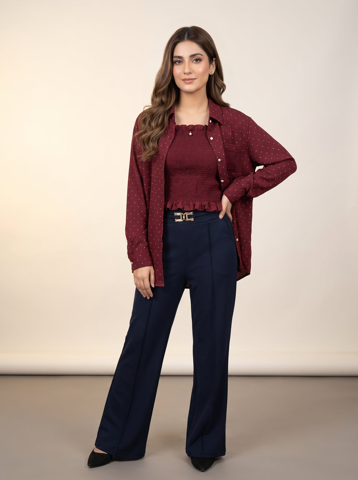 Maroon Polka Dot Shirt & Smocked Top Set