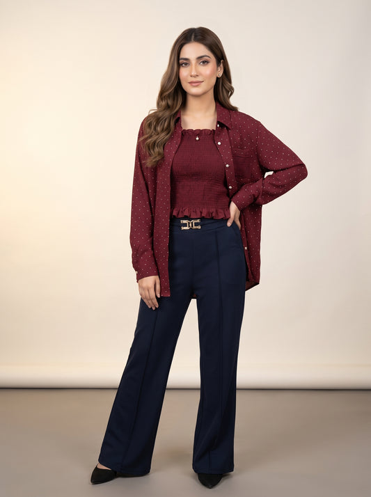 Maroon Polka Dot Shirt & Smocked Top Set