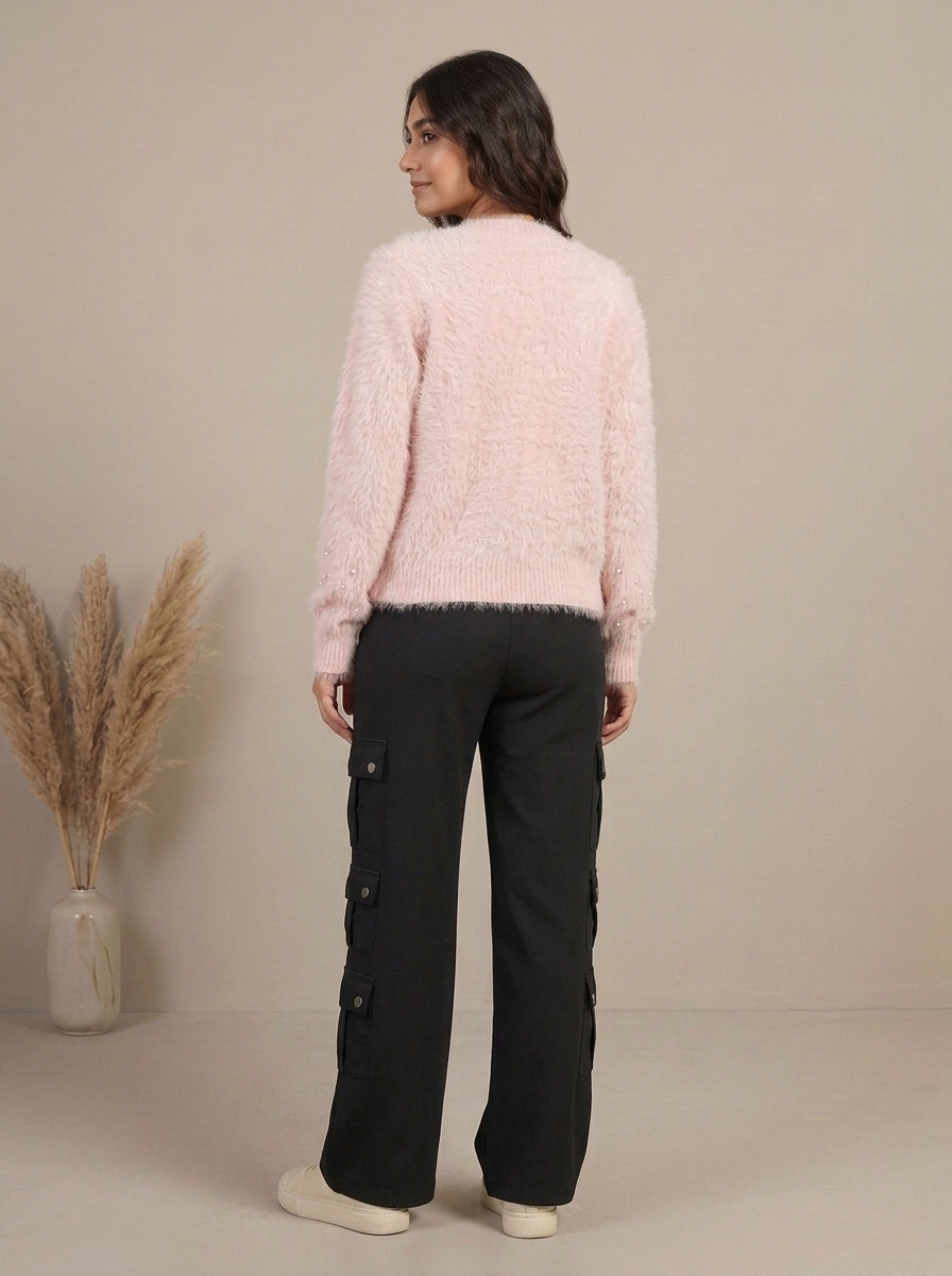 Pearl Embellished Plush Knit Cardigan