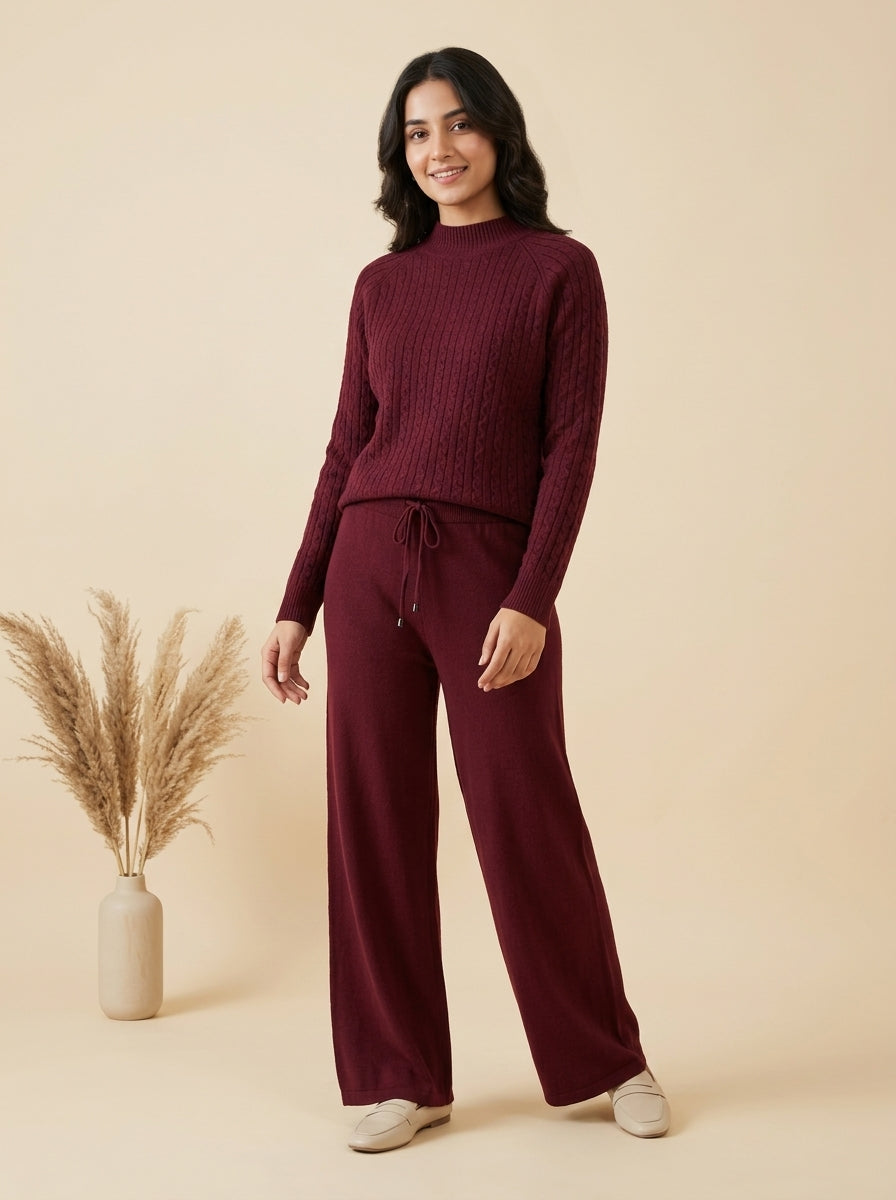 Cable-Knit Mock Neck Sweater & Drawstring Wide-Leg Trouser 2-Piece Co-ord Set