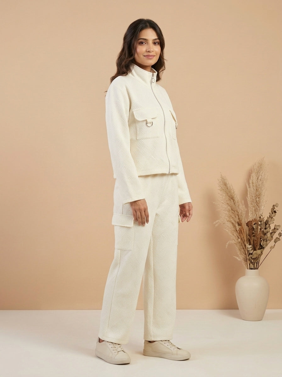 Textured Zip-Front Jacket with Cargo Trousers