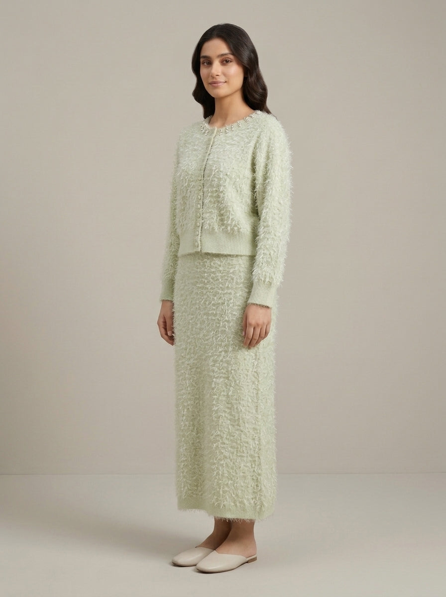 Embellished Feather-Effect Cardigan with Matching Bottom Wear