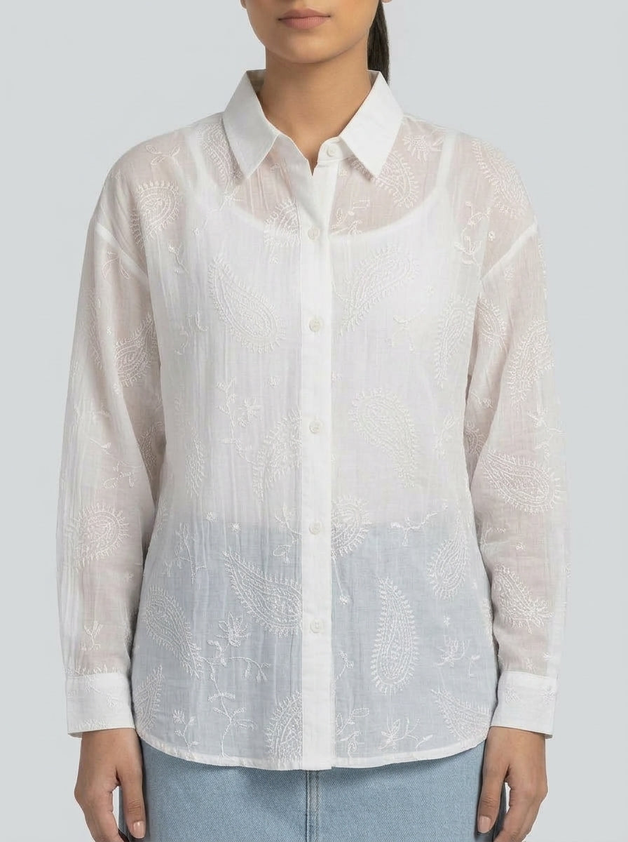 Embroidered Sequin Button-Down Shirt