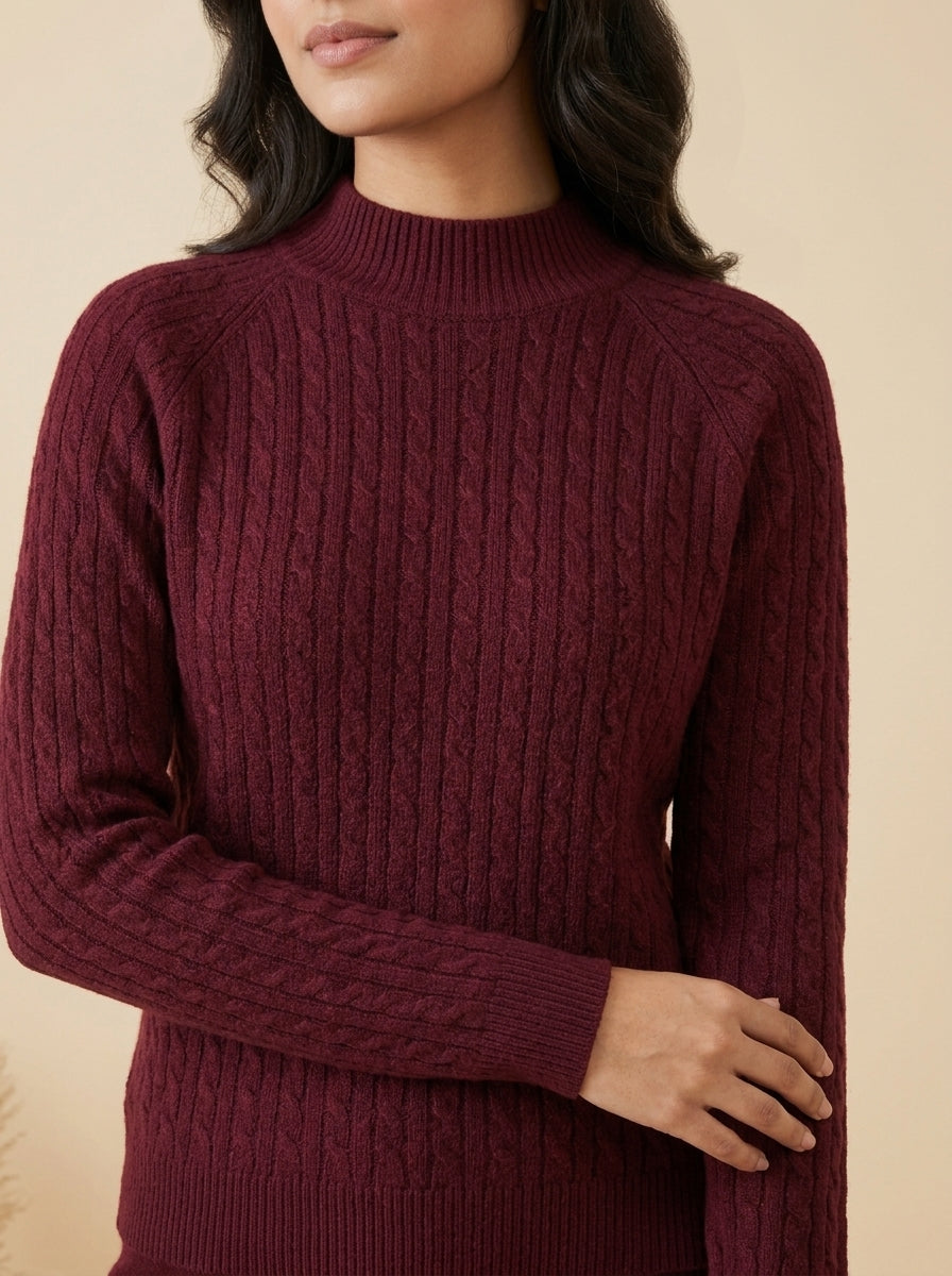 Cable-Knit Mock Neck Sweater & Drawstring Wide-Leg Trouser 2-Piece Co-ord Set