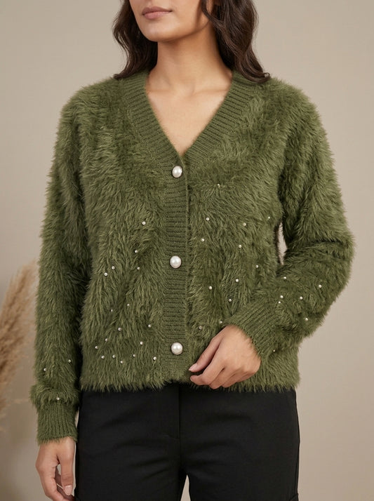Pearl Embellished Plush Knit Cardigan