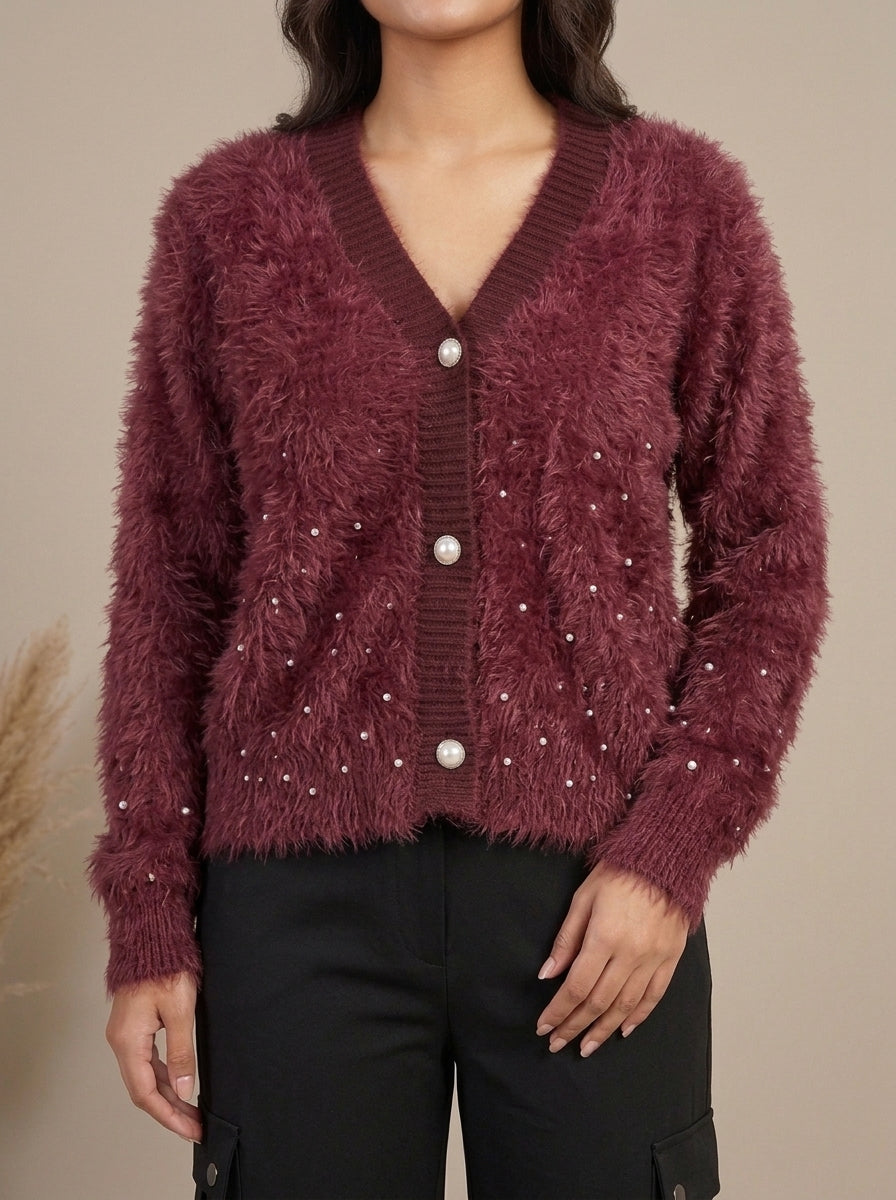 Pearl Embellished Plush Knit Cardigan