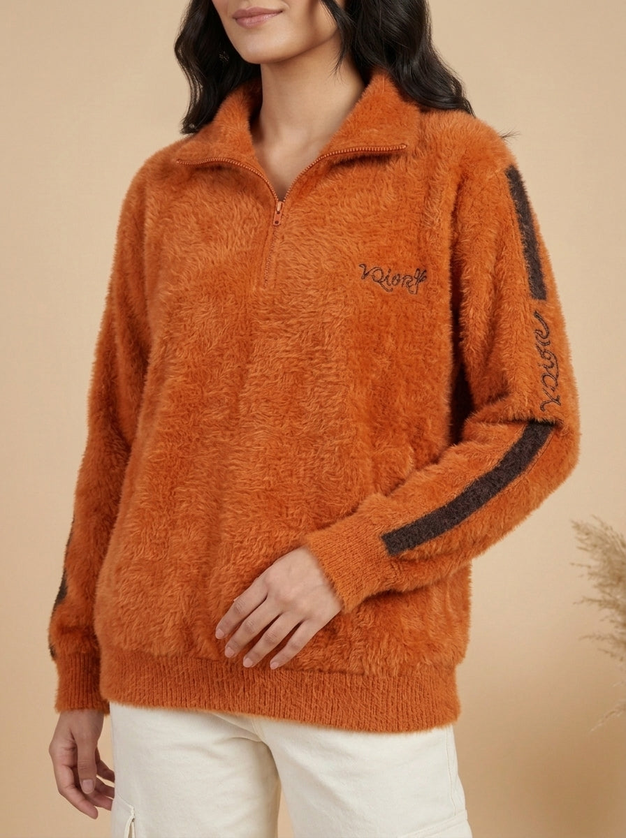 Plush Zip-Front Fleece Jacket with Side Stripe Sleeves