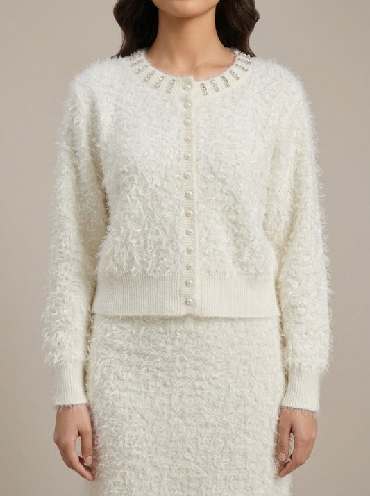 Embellished Feather-Effect Cardigan with Matching Bottom Wear