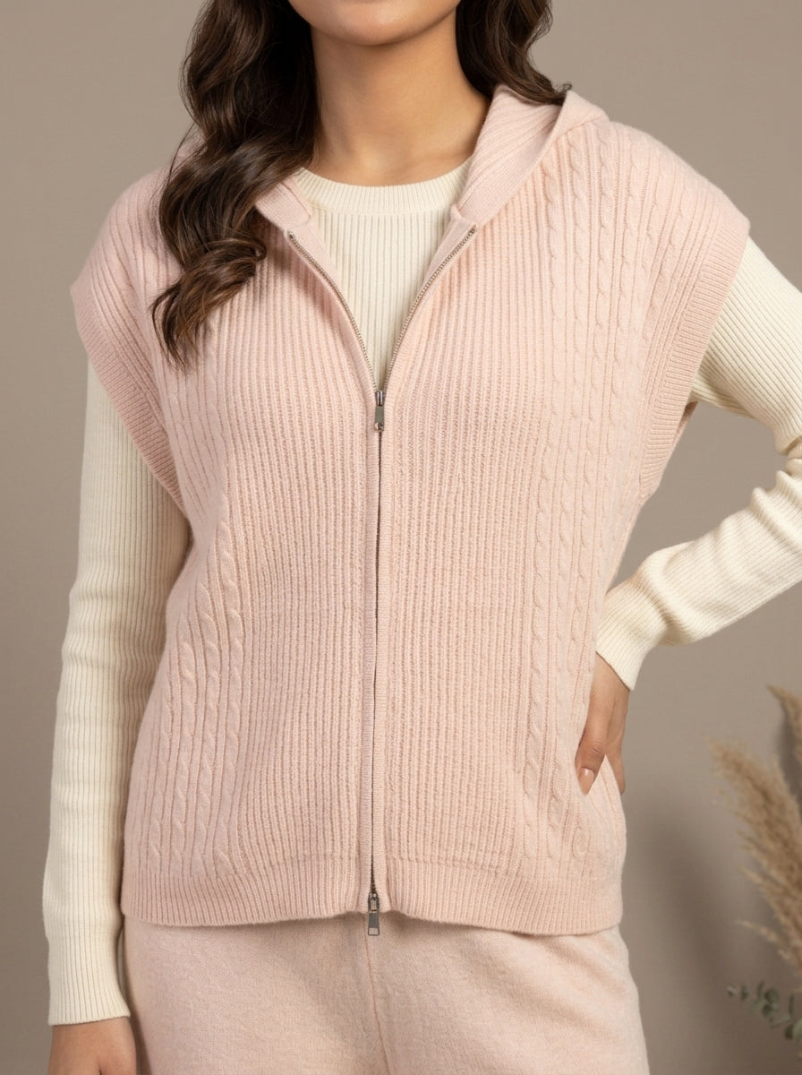 Ribbed Knit Hooded Vest, Inner Top & Wide-Leg Trouser 3-Piece Co-ord Set