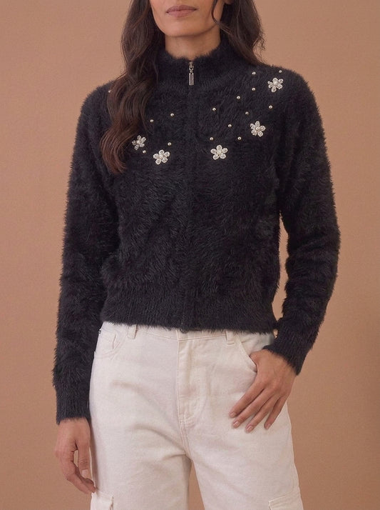 Pearl & Floral Embellished Fuzzy Knit Zip-Up Sweater