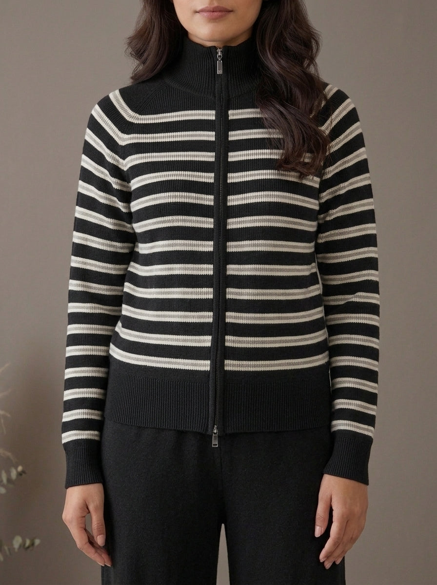 Striped Zip-Front Knit Cardigan with Trousers