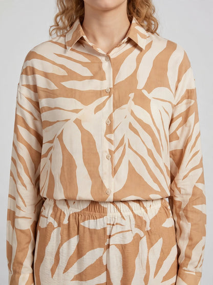 Tropical Leaf Printed Button-Down Shirt