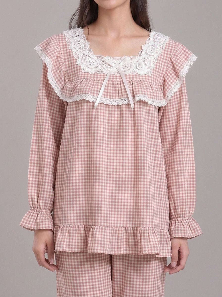 Lace-Trimmed Plaid Lounge Set