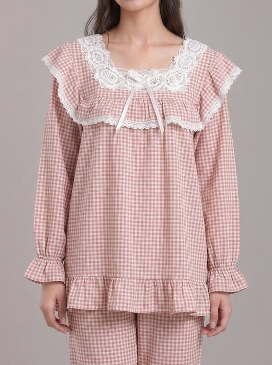 Lace-Trimmed Plaid Lounge Set