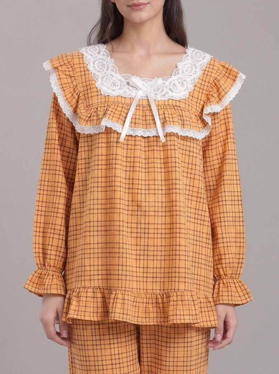 Lace-Trimmed Plaid Lounge Set