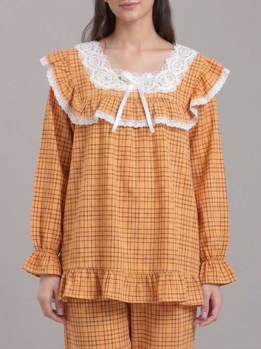 Lace-Trimmed Plaid Lounge Set