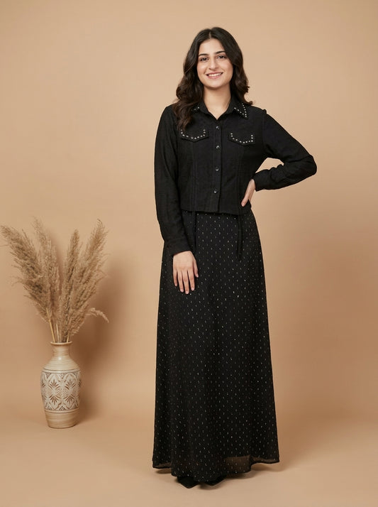Studded Cropped Jacket with Patterned Maxi Dress Set