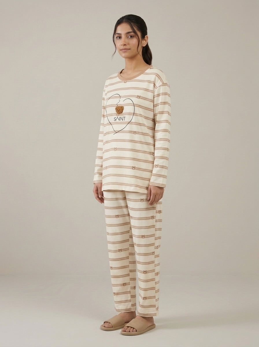 Bear Embellished Striped Lounge Set