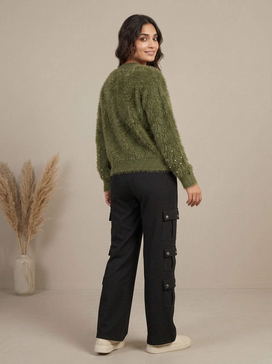 Pearl Embellished Plush Knit Cardigan