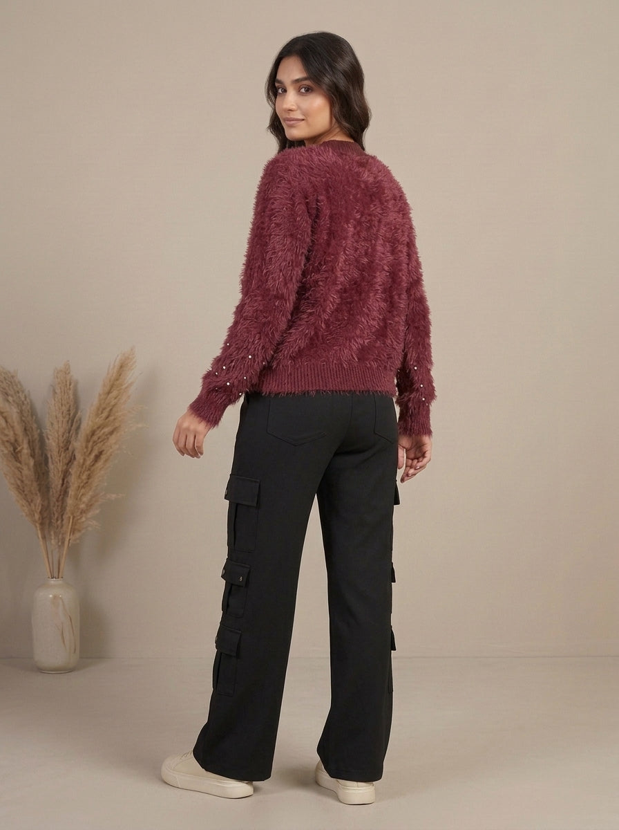 Pearl Embellished Plush Knit Cardigan