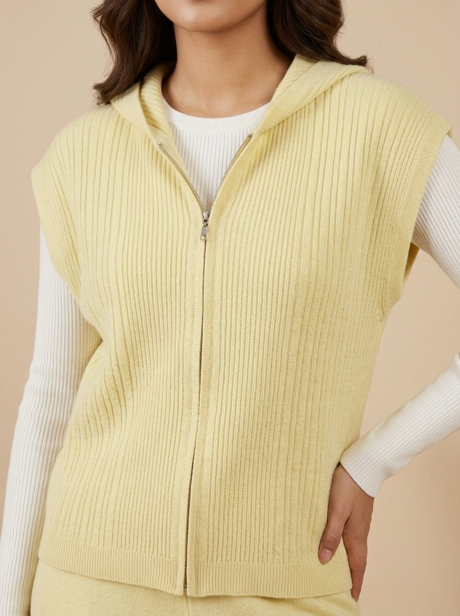 Ribbed Knit Hooded Vest, Inner Top & Wide-Leg Trouser 3-Piece Co-ord Set