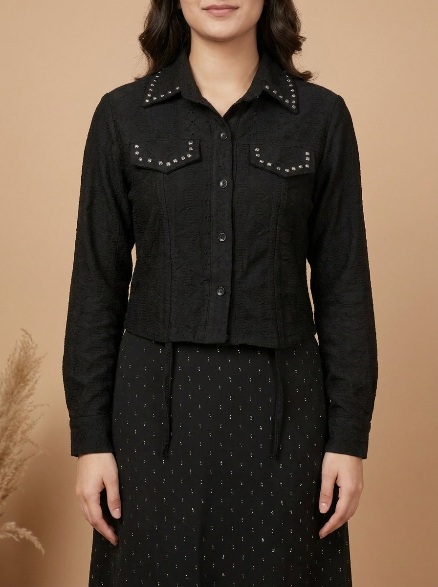 Studded Cropped Jacket with Patterned Maxi Dress Set